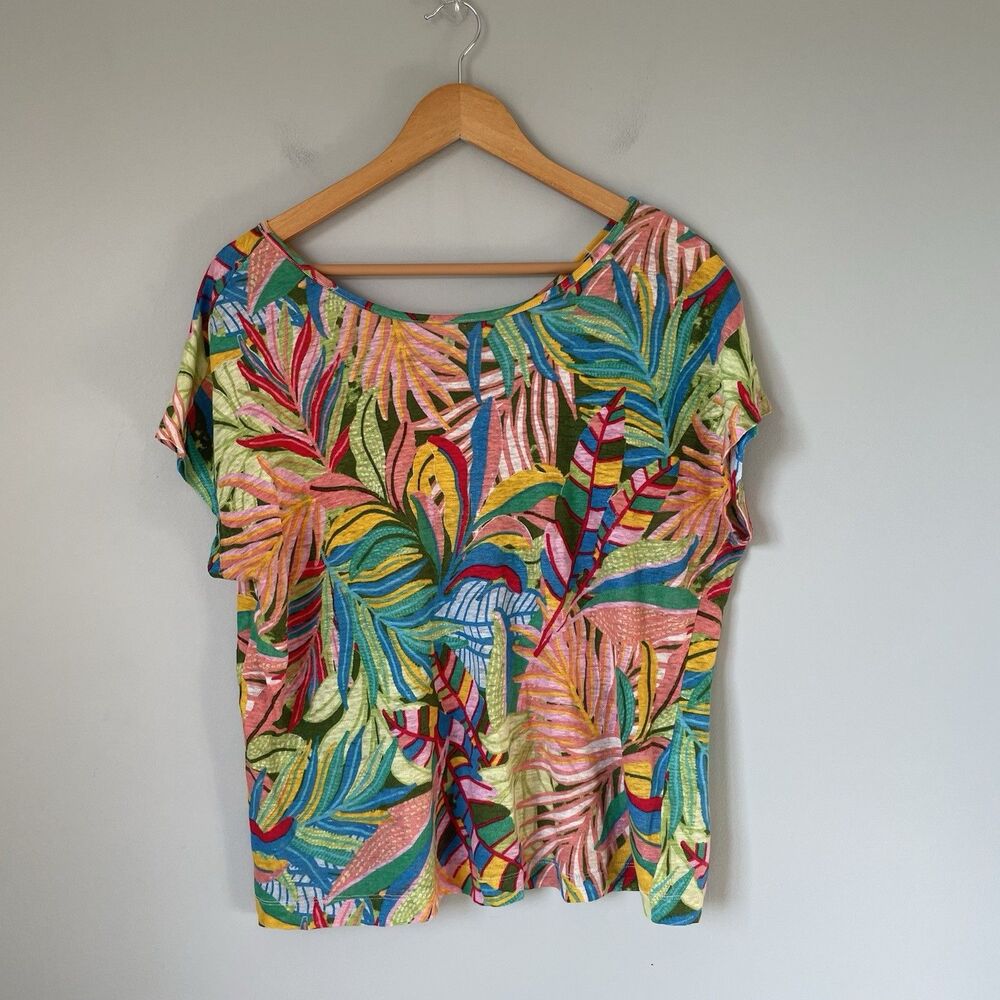 C&C California 100% Linen Blouse Top Tropical Leaf Print Colorful Size Medium